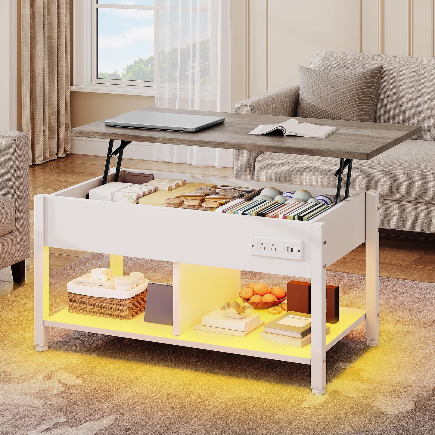 YITAHOME Lift Top Coffee Table with RGB Light, 3-in-1 Coffee Table with Power Outlets, Hidden & Open Storage, Adjustable Height, Wooden Dining Table for Living Room, Home Office, Brown