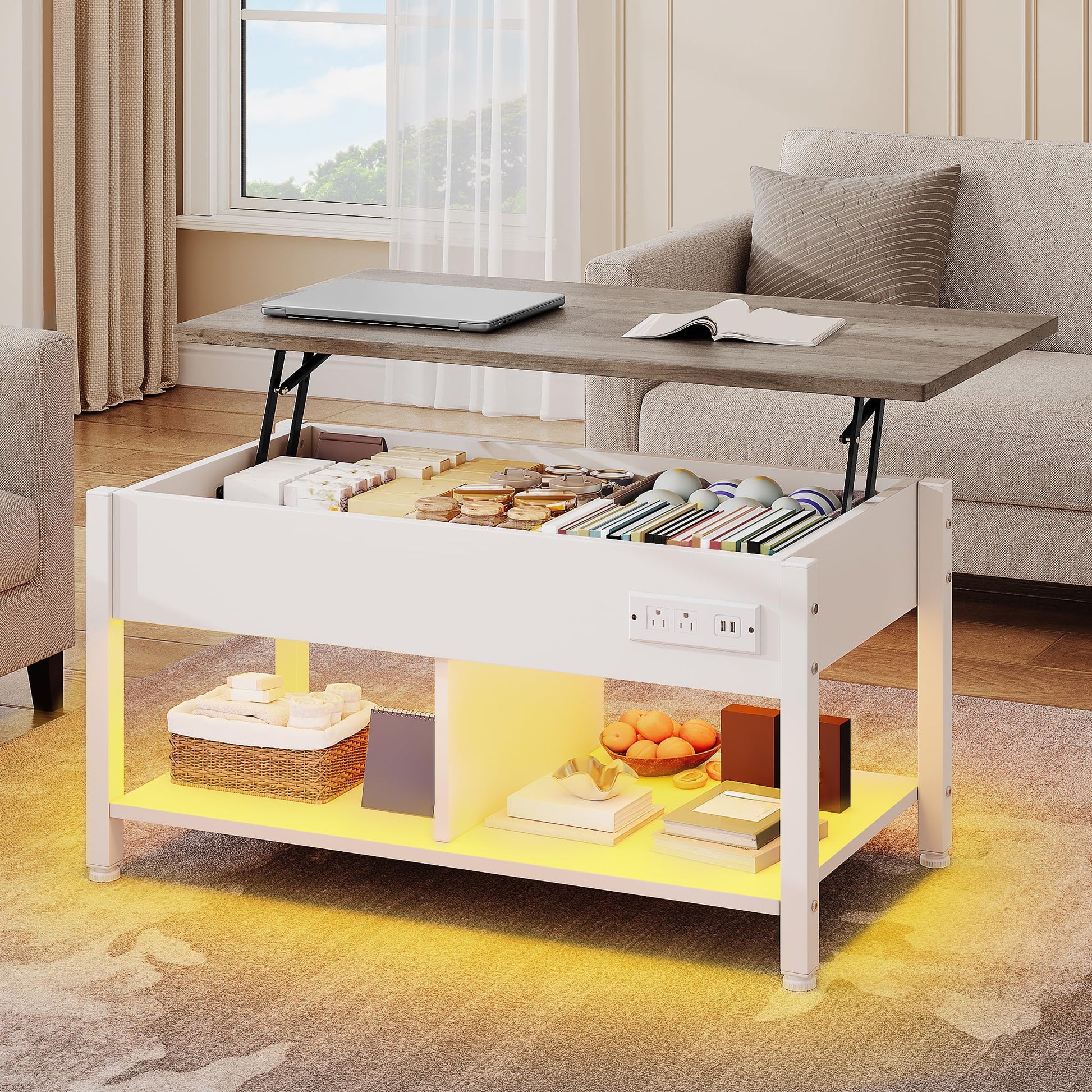 YITAHOME Lift Top Coffee Table with RGB Light, 3-in-1 Coffee Table with Power Outlets, Hidden & Open Storage, Adjustable Height, Wooden Dining Table for Living Room, Home Office, Brown
