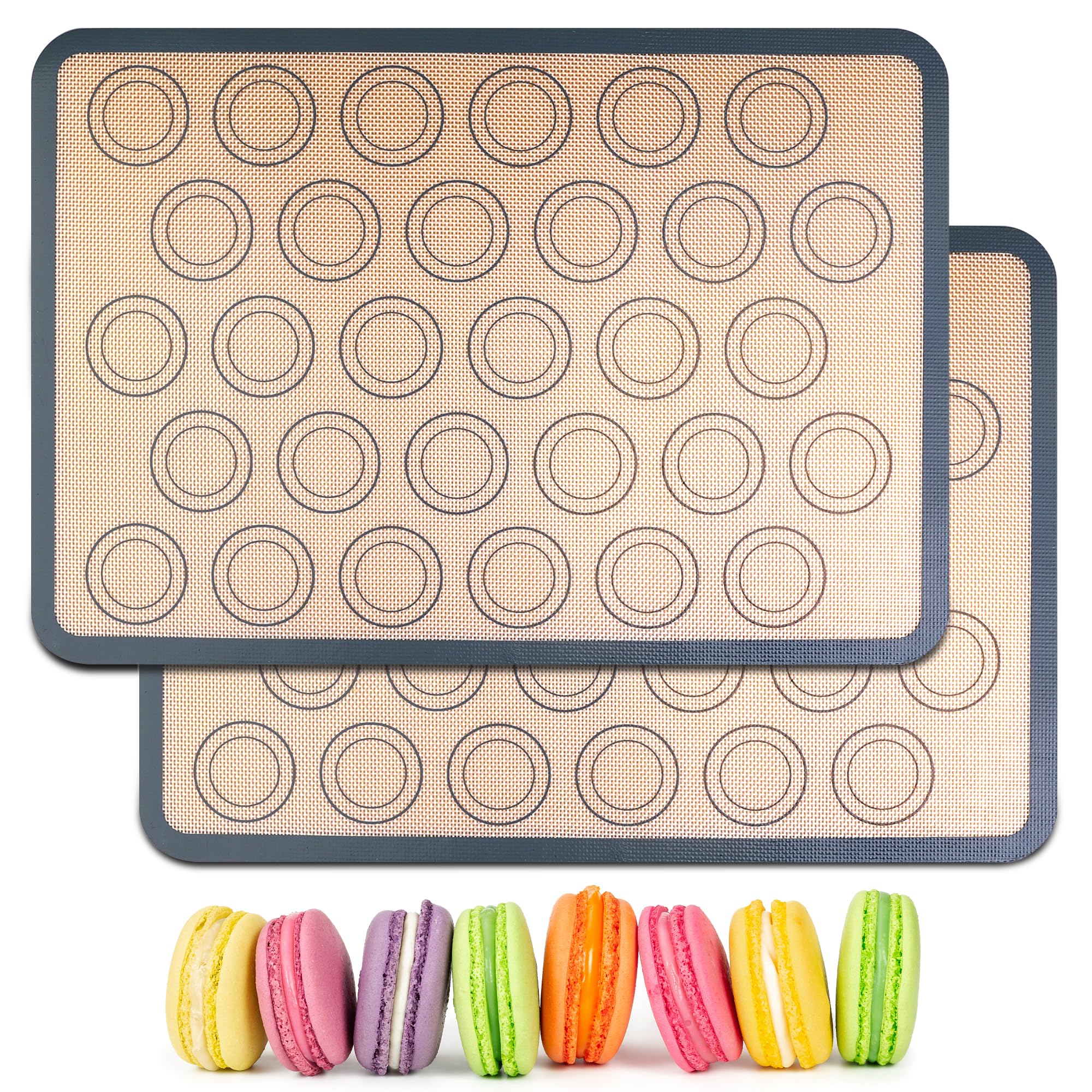 HOOMIL Macaron Silicone Baking Mats 2-Pack, 18" x 13" Commercial Half Sheet Size Macaron Silicone Mat, Non-Stick, Reusable, Food Safe Baking Mat - Brown+Gray