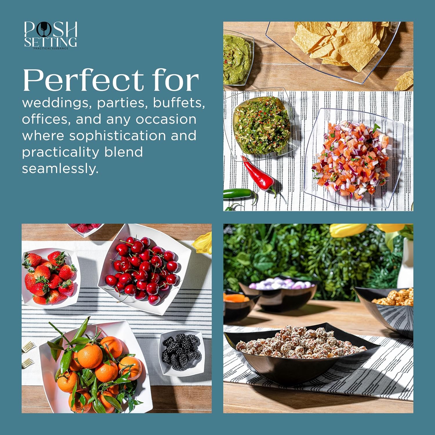 Posh Setting - Clear Plastic Serving Bowls for Party (8oz - 4 Pack) Square, Disposable, Salad & Fruit Bowls for Party Table, Candy Containers for Candy Buffet