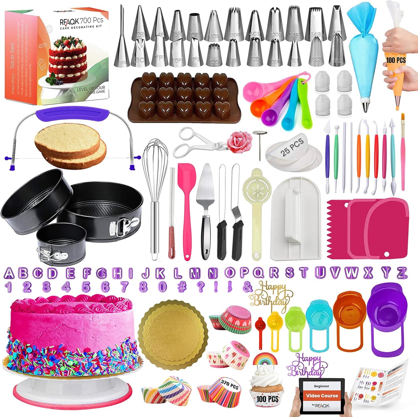RFAQK 700PCs Cake Decorating Kit with Baking Supplies - Cake Turntable for Decorating with Baking Pans, Leveler, 24 Numbered Piping Tips, 2 Spatulas, Fondant Tools, Video Course, Pattern Chart & More
