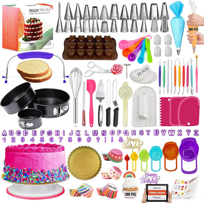 RFAQK 700PCs Cake Decorating Kit with Baking Supplies - Cake Turntable for Decorating with Baking Pans, Leveler, 24 Numbered Piping Tips, 2 Spatulas, Fondant Tools, Video Course, Pattern Chart & More