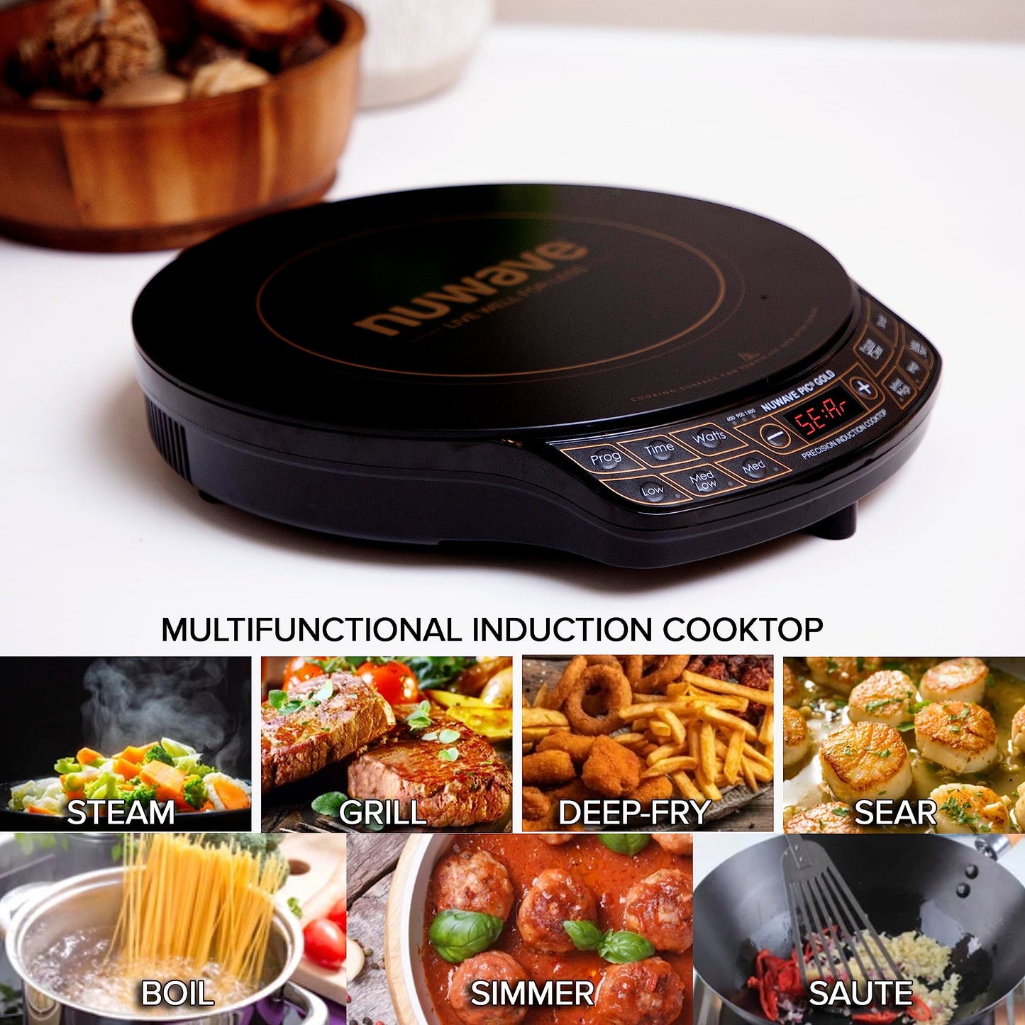 Nuwave Precision Induction Cooktop Gold, 12” Shatter-Proof Ceramic Glass Surface, Large 8” Heating Coil, Portable, 51Temp Settings 100°F to 575°F, 3 Wattage Settings 600, 900, and 1500 Watts