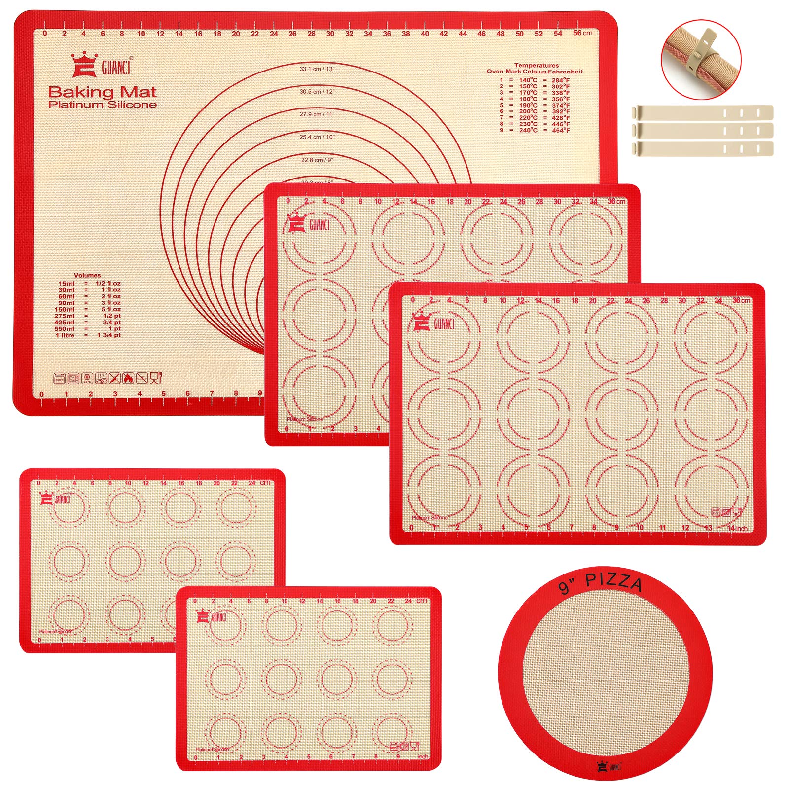 Silicone Baking Mat Set of 4, GUANCI Grade Food Baking mats Non-Stick Reusable Pizza Bakeware Mat for Making Macaroon, Pizza, Cookie, Pastry, Bread, Bun(Grey)