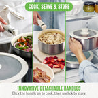 GreenLife Click 10-Piece Stainless Steel TriPly Cookware Set, Ceramic Nonstick Interior Coating, Detachable Handle, Stackable Space Saving, PFAS-Free Pots & Pans, Induction & Oven Safe, Glass Lid