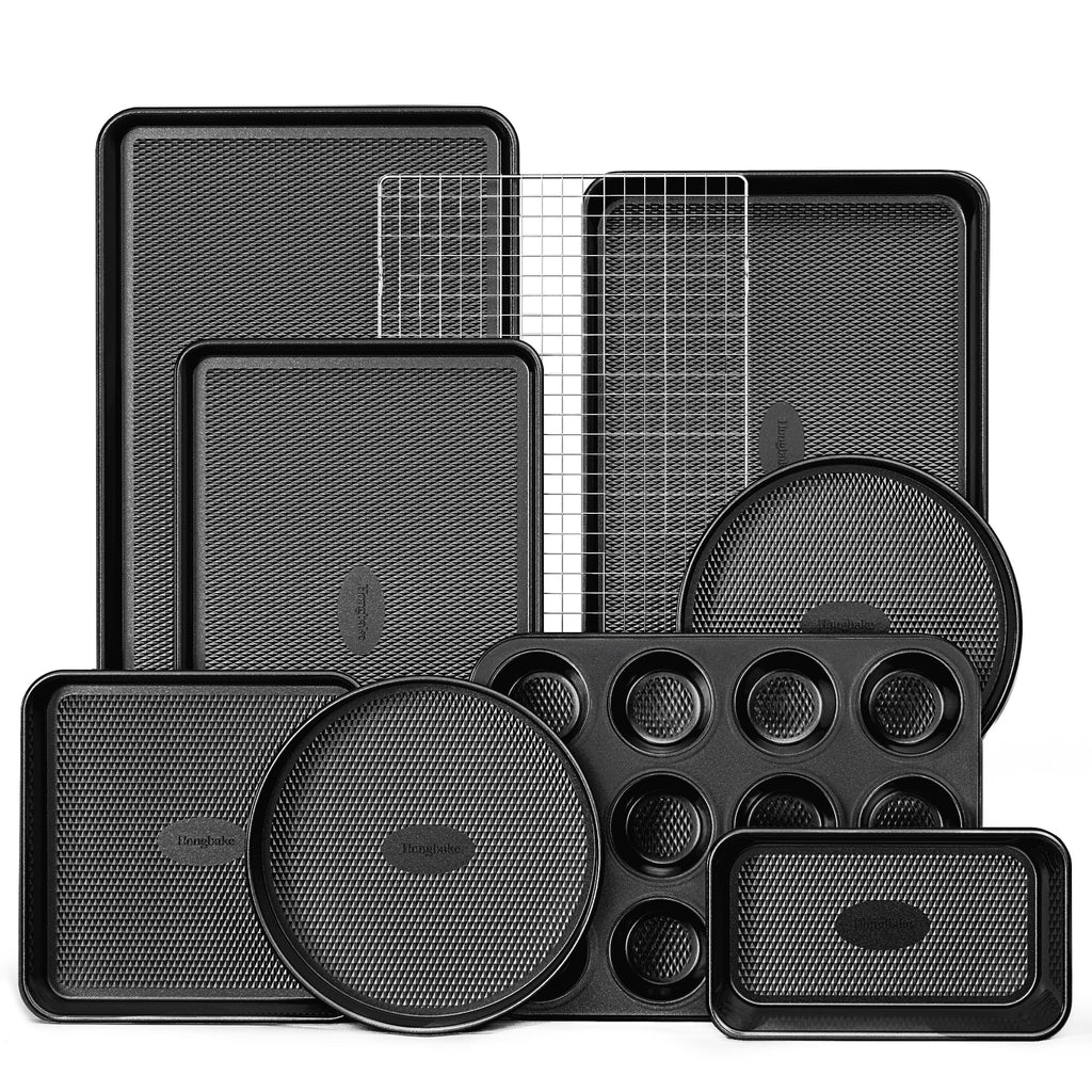 HONGBAKE 9-Piece Baking Pans Set Nonstick, Stackable Non Toxic Bakeware Sets with Diamond Texture, Oven Pan Set for Cooking, Includes Cookie Sheet with Rack, Cake Pan, Roasting Pan, Muffin Tin, Gold