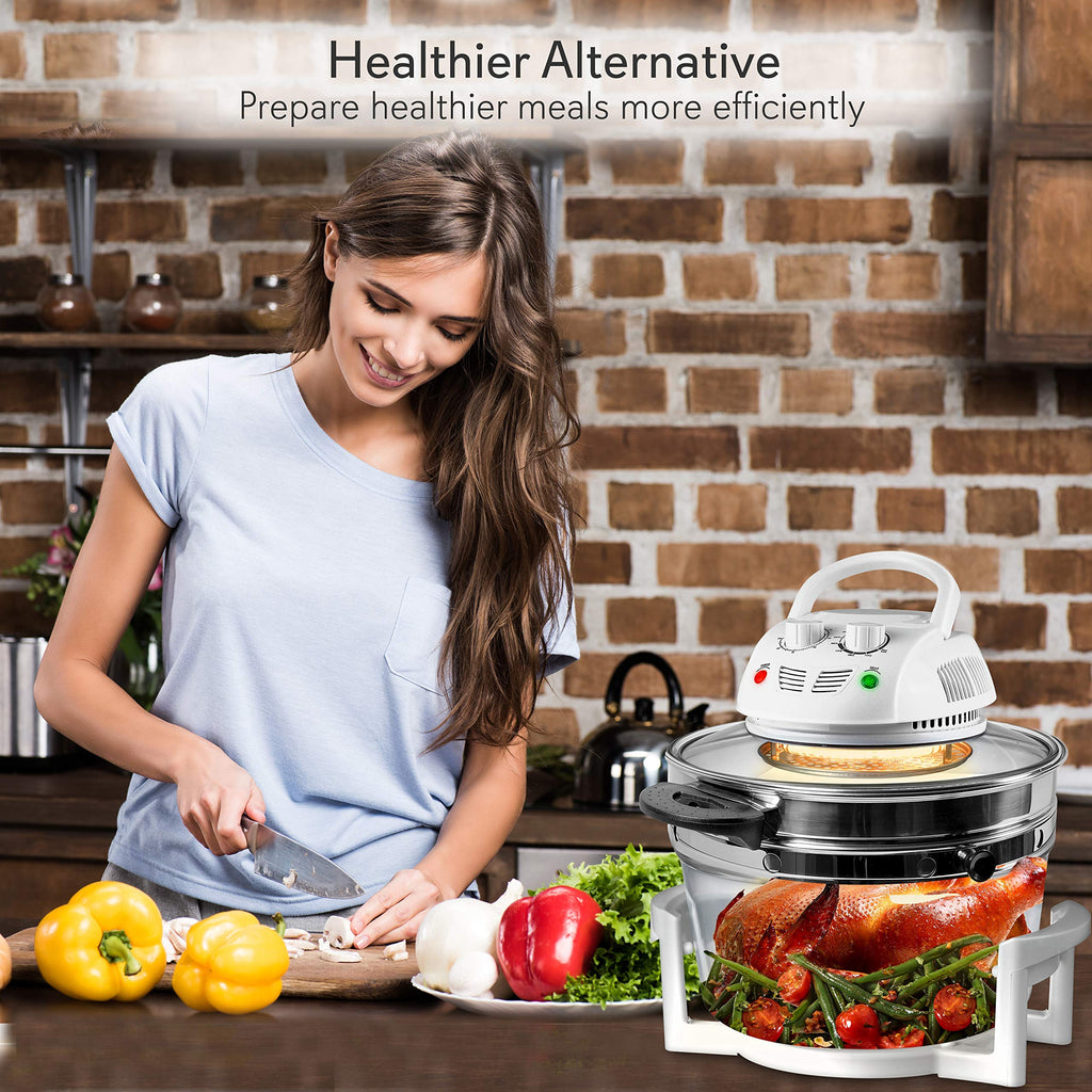 Аерофритюрниця Nutrichef PKAIRFR48.5, інфрачервона конвекція, галогенна духовка, стільниця, приготування їжі, нержавіюча сталь, 13 кварт, 1200 Вт, готує швидкі здорові страви, для картоплі фрі та чіпсів (біла), один розмір