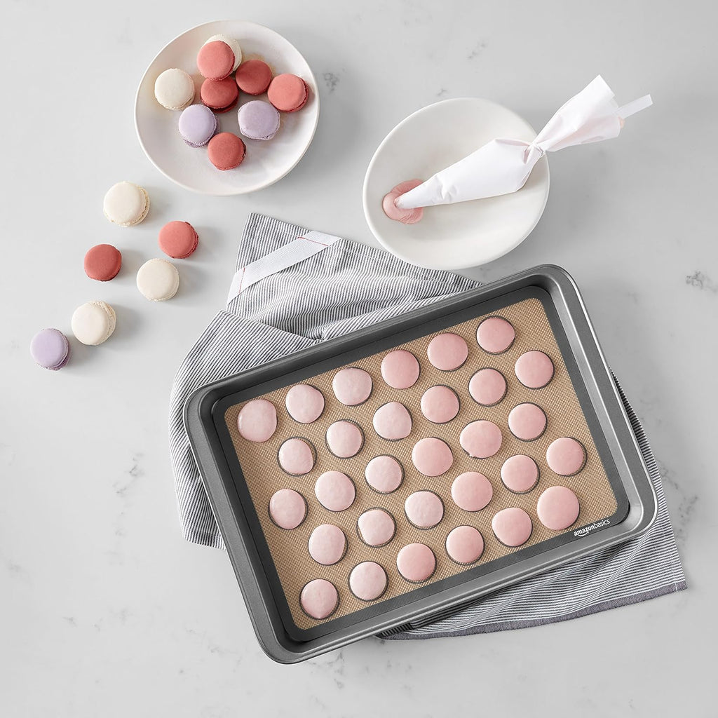 Amazon Basics Silicone Baking Mat for Macarons, Non-Stick, Food Safe, 16.5" x 11.6", Beige/Gray, Pack of 2