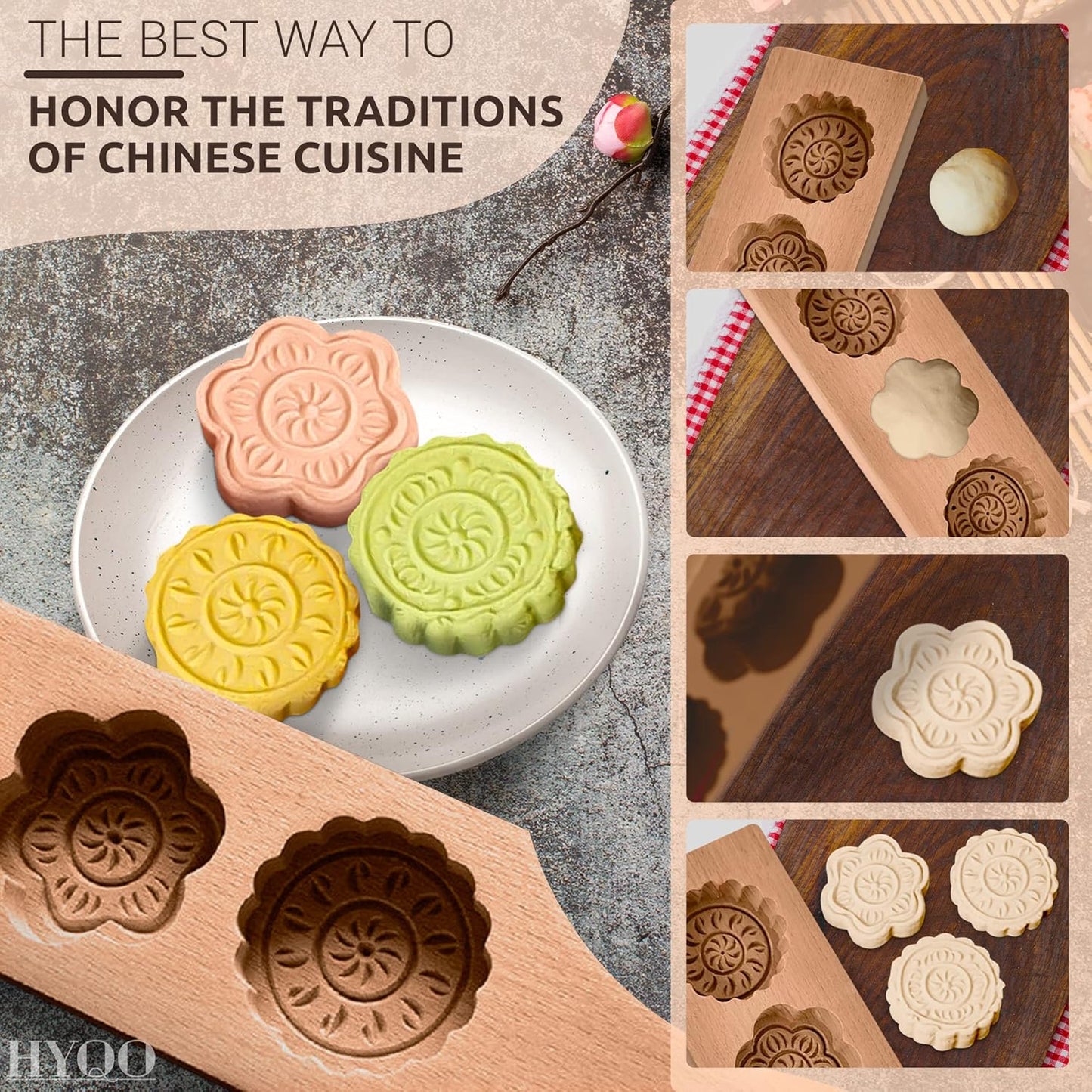 Wooden Cookie Molds for Baking - Moon Cake Molder Cookie Stamps Chinese Mooncake Mold - 3 Wooden Flowers Cookie Stamp Baking Moon Cake Mold for Muffin, Chocolate Mold Pie Stamps Dough Butter