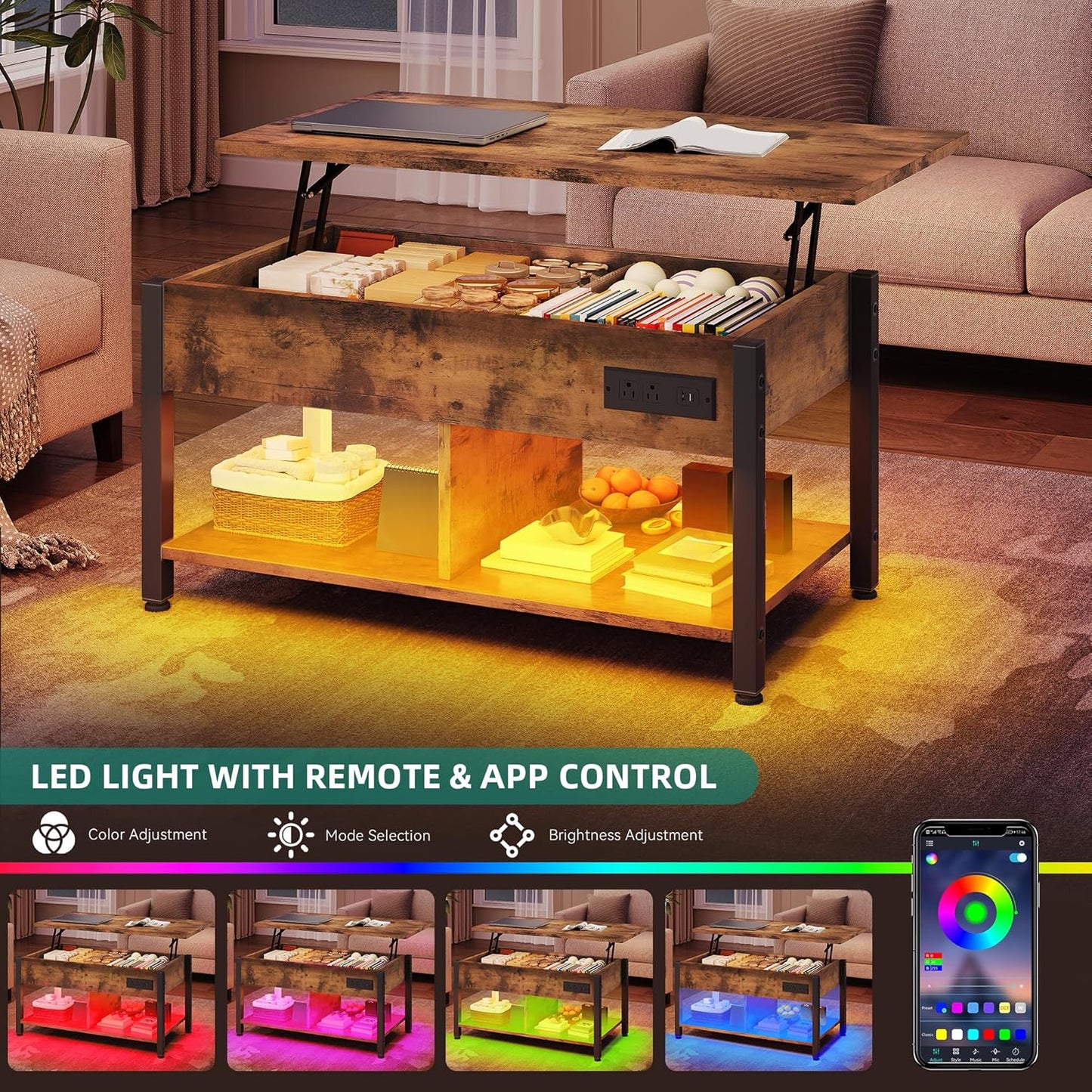 YITAHOME Lift Top Coffee Table with RGB Light, 3-in-1 Coffee Table with Power Outlets, Hidden & Open Storage, Adjustable Height, Wooden Dining Table for Living Room, Home Office, Brown
