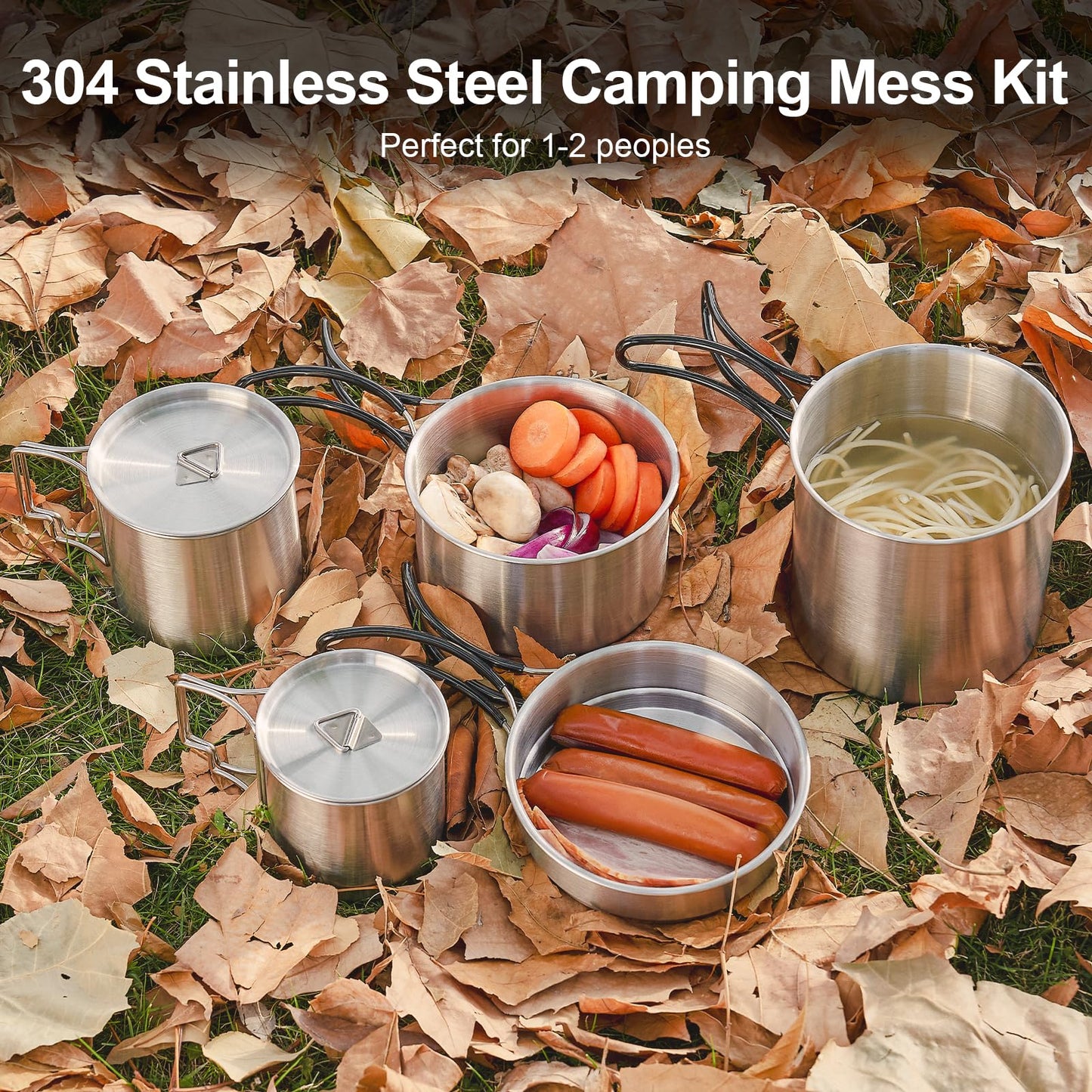 Odoland 13pcs Stainless Steel Camping Cookware Camping Pots and Pan Set with Portable Camping Stove Camping Mess Kit with Cups Forks Knives Spoons for Hiking Backpacking and Picnic