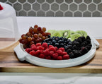 Top Shelf Elements Round Cake Carrier Two Sided Cake Holder Serves as Five Section Serving Tray, Portable Cake Stand Fits 10 inch Cake, Cake Box Comes With Handle, Cake Container Holds Pies (White)