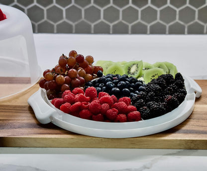 Top Shelf Elements Round Cake Carrier Two Sided Cake Holder Serves as Five Section Serving Tray, Portable Cake Stand Fits 10 inch Cake, Cake Box Comes With Handle, Cake Container Holds Pies (White)