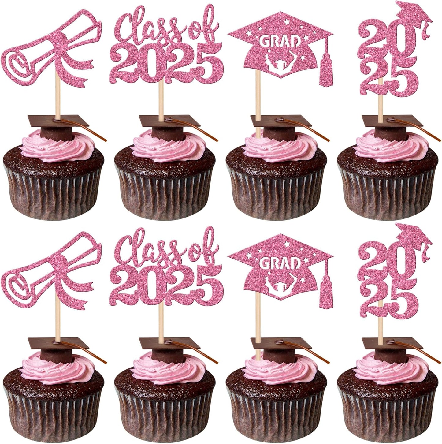 24 PCS 2025 Graduation Cupcake Toppers Glitter Diploma Congrats Grad Cap Cupcake Picks Class of 2025 Cake Decorations for 2025 Graduation Theme Party Supplies Pink