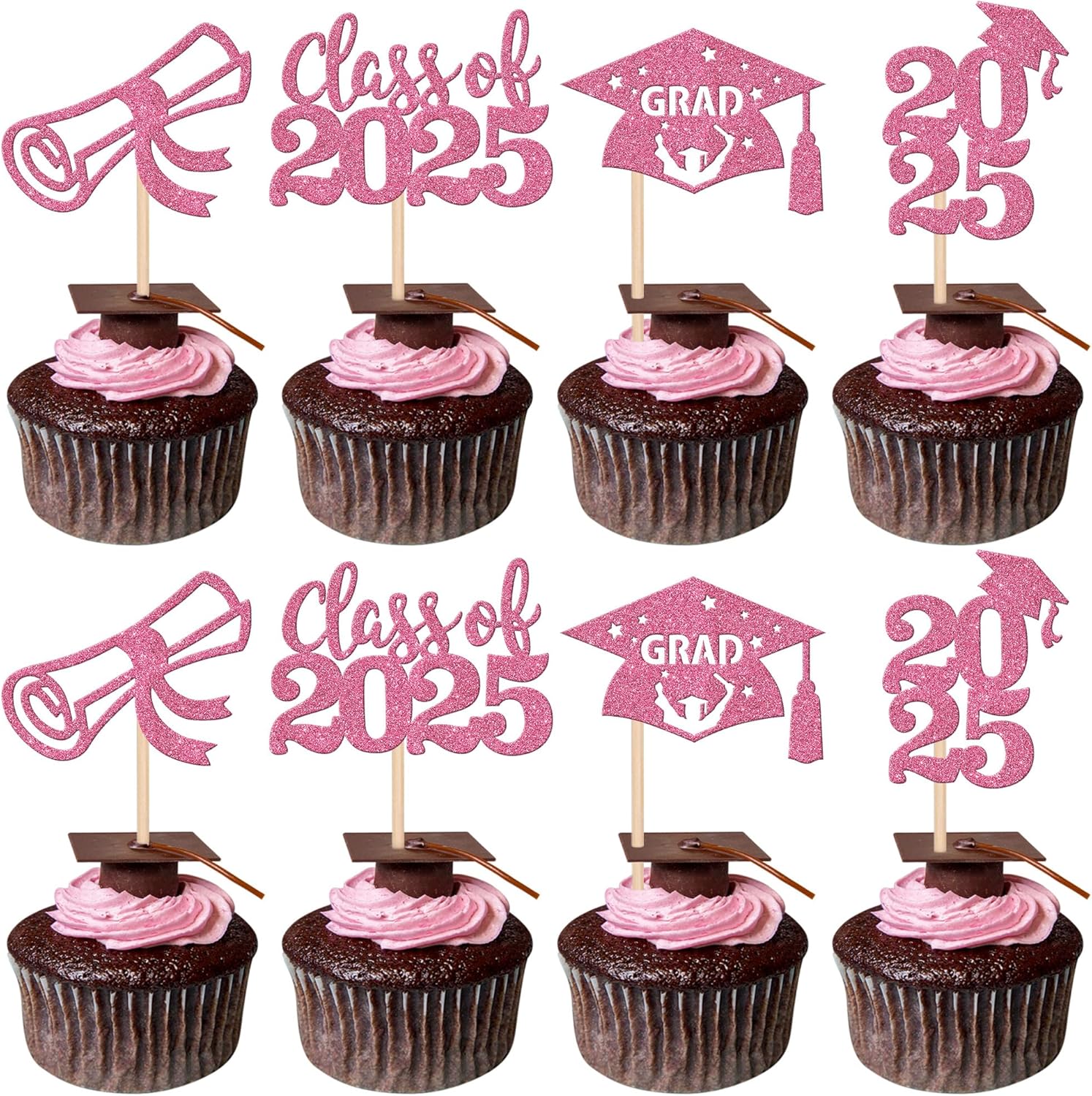 24 PCS 2025 Graduation Cupcake Toppers Glitter Diploma Congrats Grad Cap Cupcake Picks Class of 2025 Cake Decorations for 2025 Graduation Theme Party Supplies Pink