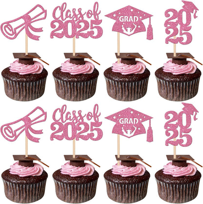 24 PCS 2025 Graduation Cupcake Toppers Glitter Diploma Congrats Grad Cap Cupcake Picks Class of 2025 Cake Decorations for 2025 Graduation Theme Party Supplies Pink