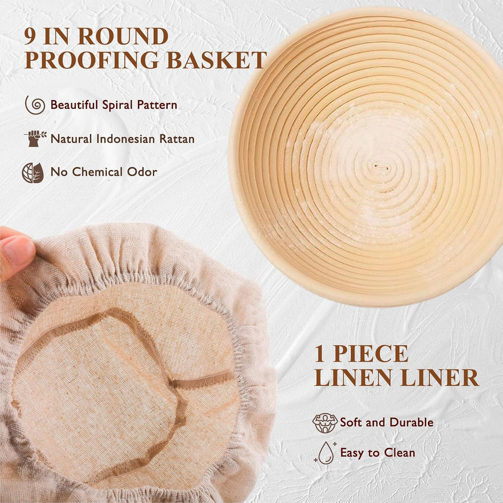 Complete Sourdough Starter Kit, Banneton Bread Proofing Basket with Glass Sourdough Starter Jar, Sourdough Bread Baking Supplies, 9'' Round Bread Proofing Basket, Sourdough Starter for Bread Making Baking Fermentation