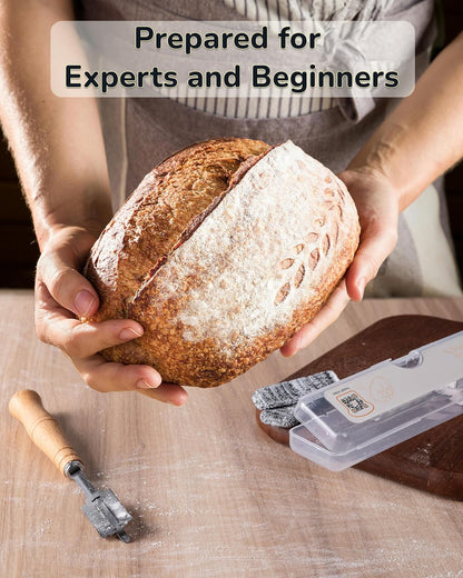 Bread Lame Dough Scoring Tool with Storage box, Pre Installed Blade Open Ready to Use, Included 10 Blades, Pattern Marking String, Cut Proof Finger Cots,Wood Handle with Magnetic, for Sourdough Baking
