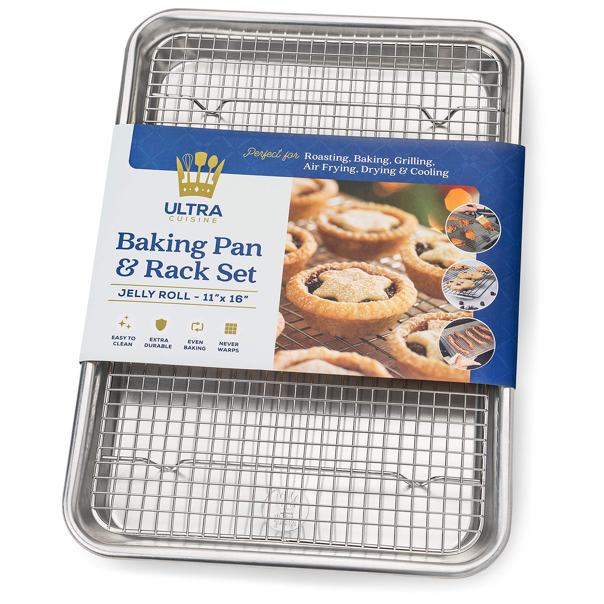 Ultra Cuisine Quarter Sheet Pan with Wire Rack Set - Includes Premium Aluminum Baking Sheet with 100% Stainless Steel Baking Rack, Dishwasher Safe Cookie Cooling Racks with 1/4 Pan Commercial Quality