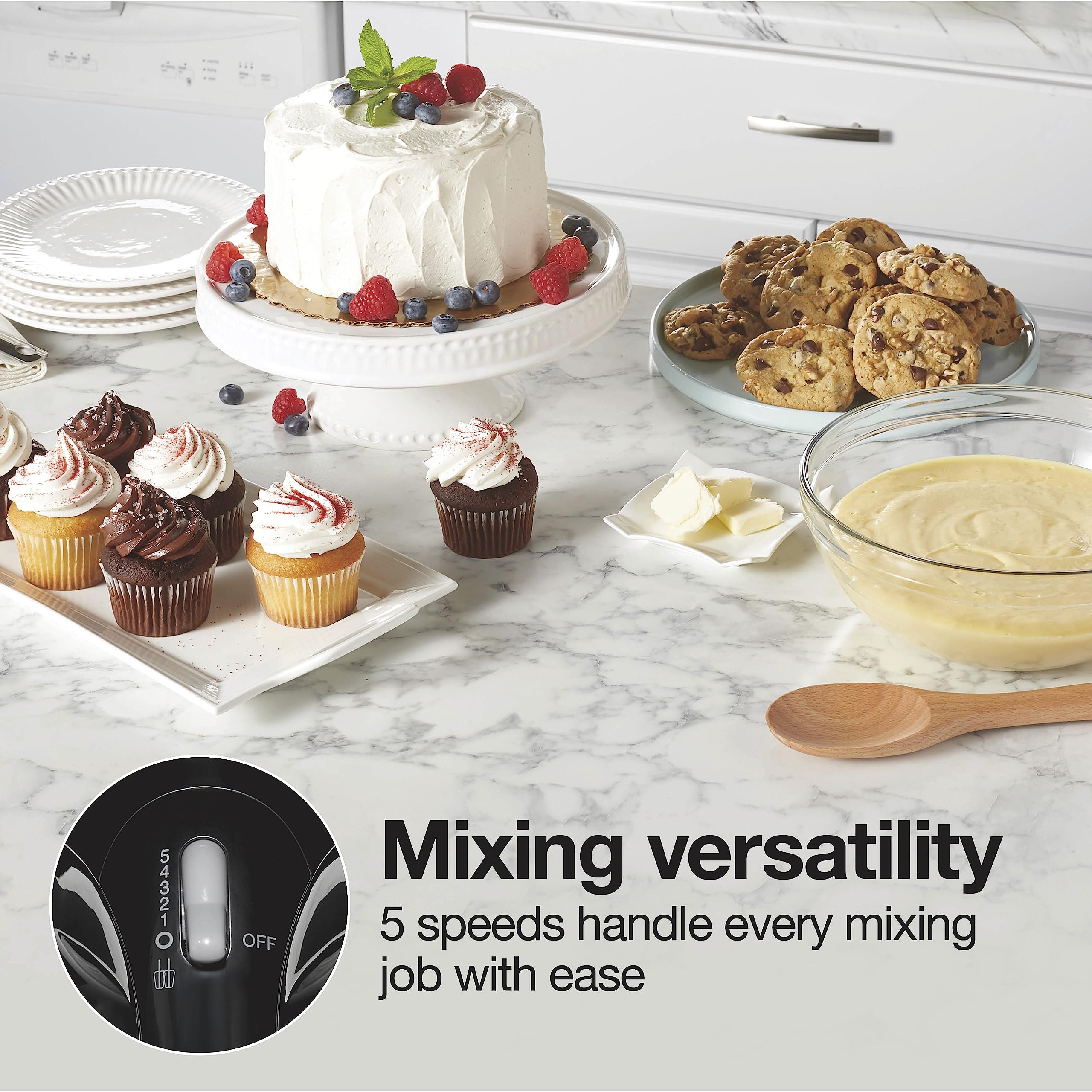 Proctor Silex Easy Mix 5-Speed Electric Hand Mixer with Bowl Rest, Compact and Lightweight, 100 Watts of Peak Power, Black (62511)