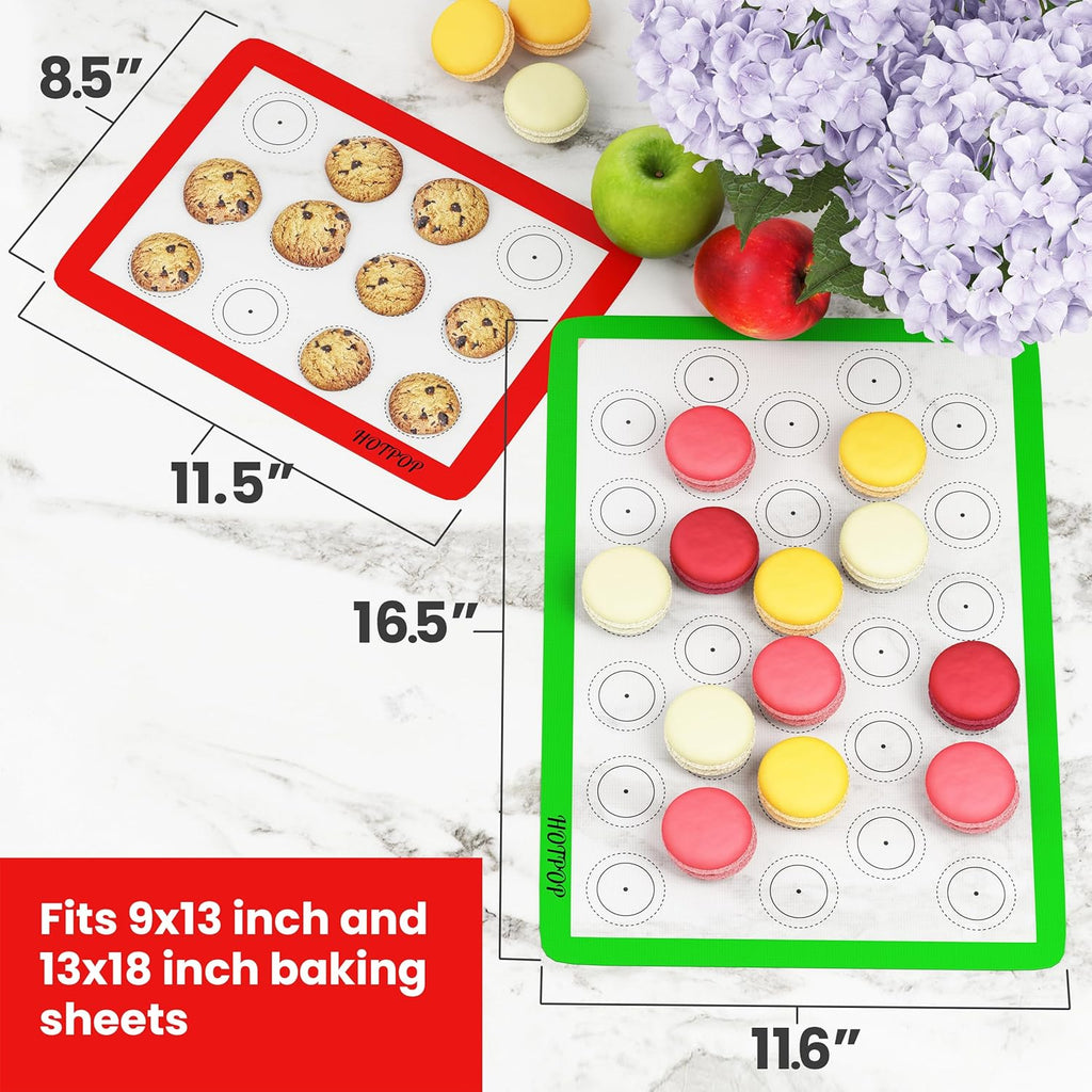 Set of 4 Reusable Macaron Cookie Sheet Baking Mats 0.75mm by HOTPOP (2 Half Sheets and 2 Quarter Sheets), Non Stick Baking Mats for Cookie Sheet