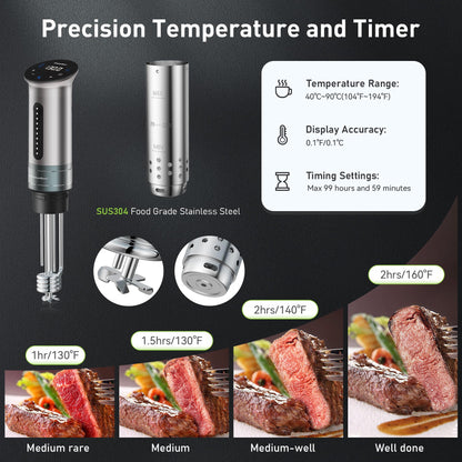 KitchenBoss Wifi Sous Vide Cooker: Ultra-quiet Sous Vide Machine Immersion Circulator APP Control 1100W, IPX7 Waterproof Sous-vide Precision Cooker Accurate Temperature Digital Display, Silver