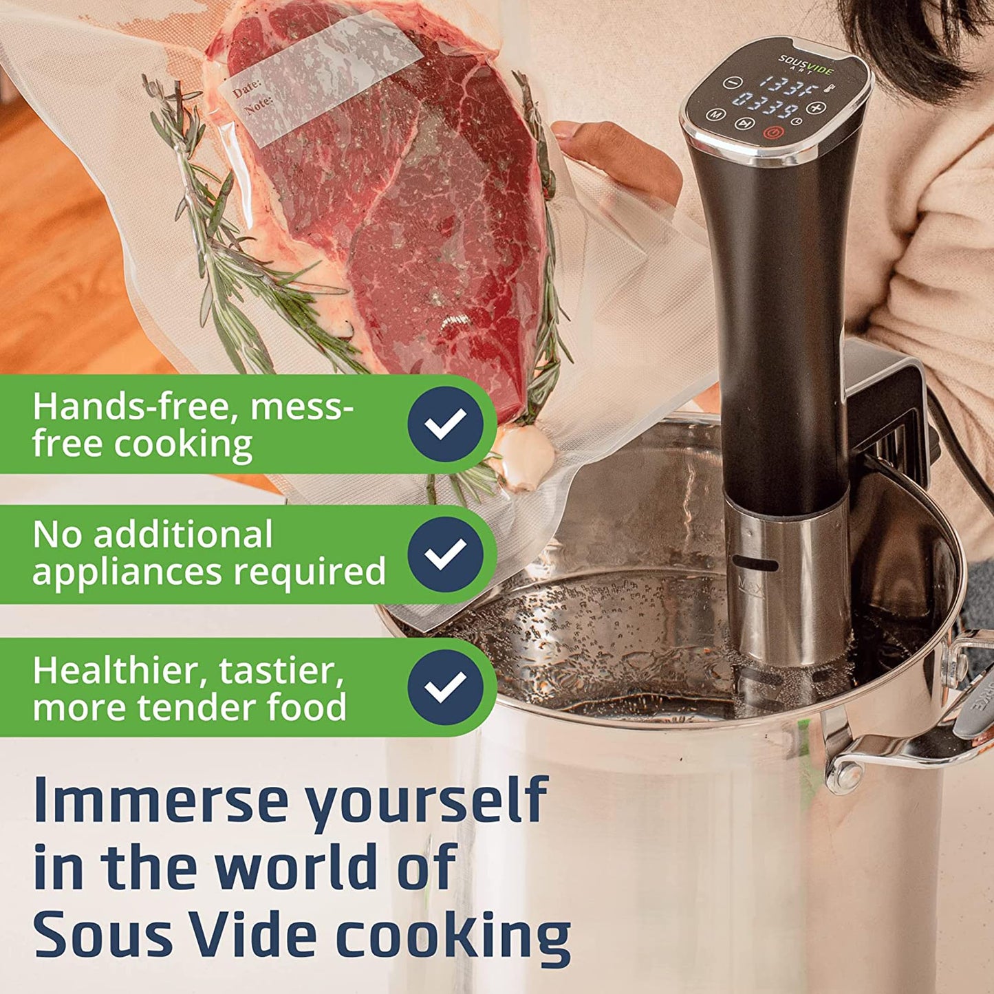 SOUSVIDE ART Sous Vide Immersion Cooker Kit - Machine with Digital Timer, Temp Control, 30 Bags, Vacuum Pump, Suvee Cooker Gift for Chefs