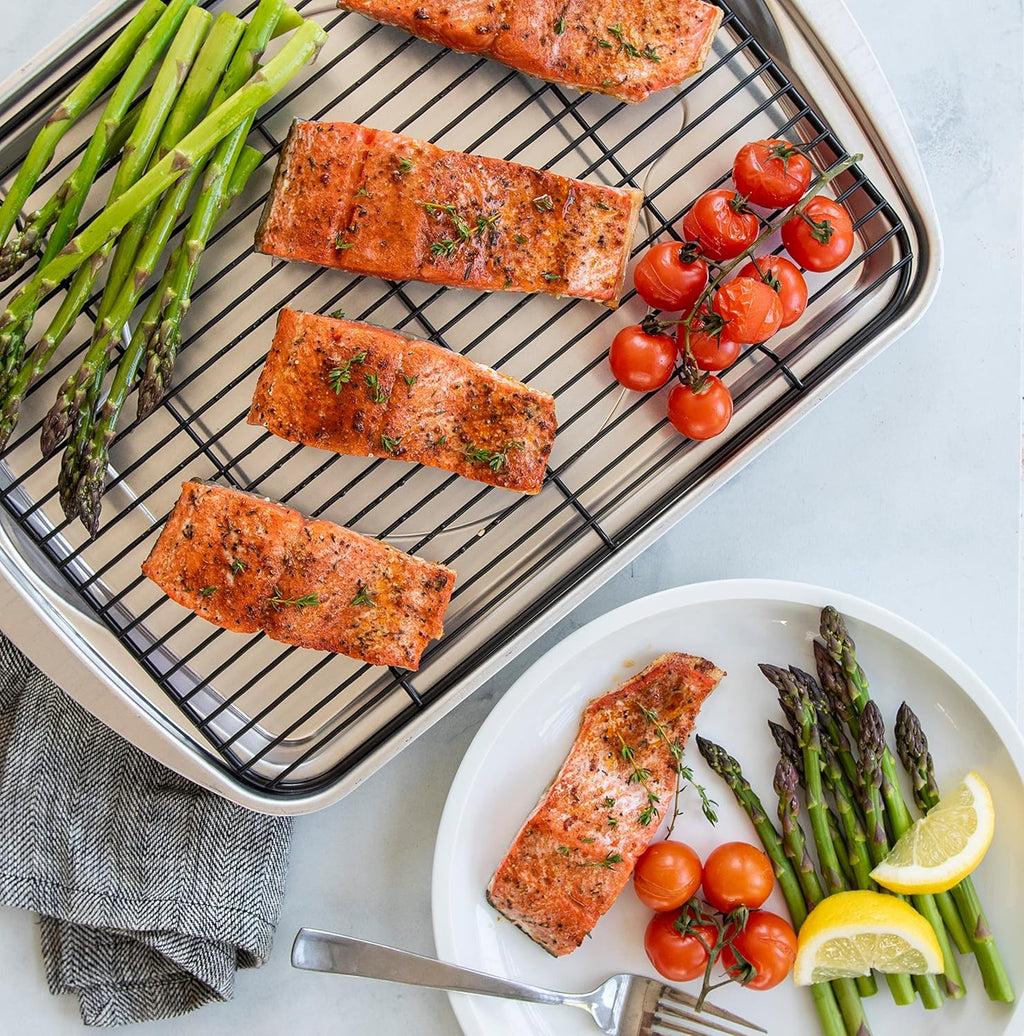 Nordic Ware Oven Crisp Baking Tray 2pc Set Includes Pan and Rack; Natural Aluminum For Air Frying, Crisping, Broiling, Baking