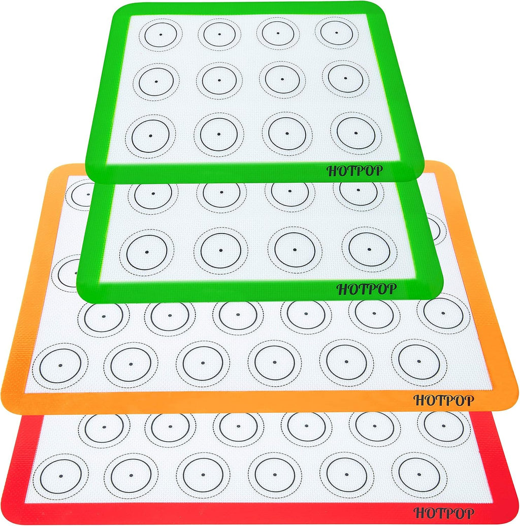Set of 4 Reusable Macaron Cookie Sheet Baking Mats 0.75mm by HOTPOP (2 Half Sheets and 2 Quarter Sheets), Non Stick Baking Mats for Cookie Sheet