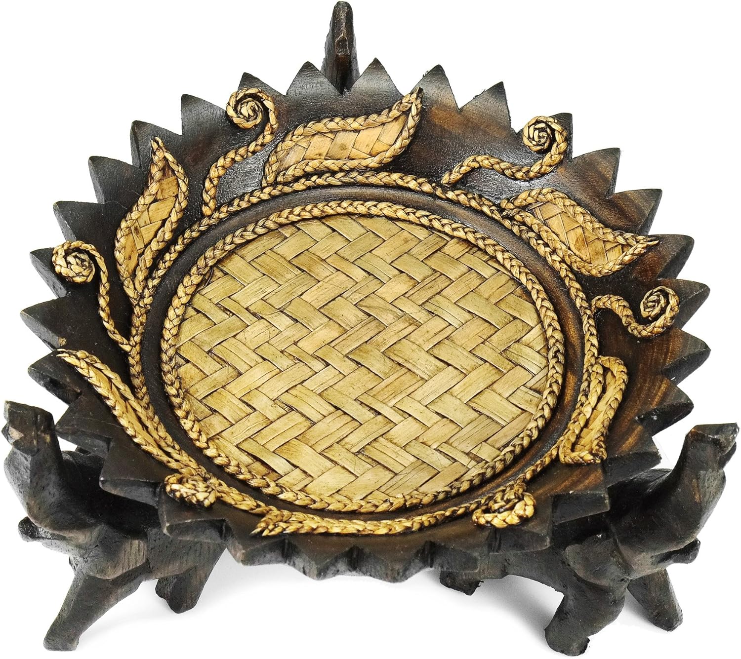 AeraVida Wooden Tray Rejoicing Elephant Leaves Carved Design Round Rain Tree Wood Home Decor Accent with Woven Straw Base 6.5 Inch Gift Display Bowl