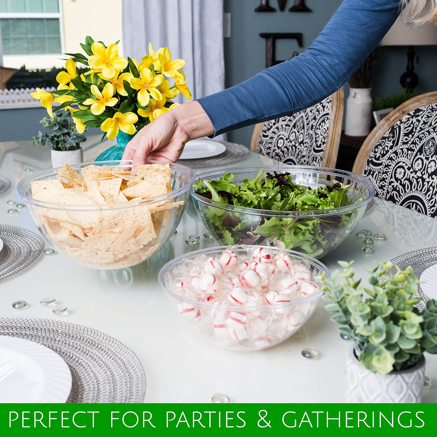 PLASTICPRO Disposable Round Crystal Clear Serving Bowls For Party Snack or Salad, Plastic Clear Chip Bowls, Candy Dish (2, 48 OUNCE)