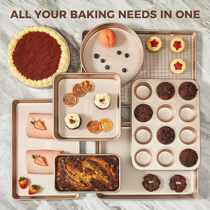 HONGBAKE 9-Piece Baking Pans Set Nonstick, Stackable Non Toxic Bakeware Sets with Diamond Texture, Oven Pan Set for Cooking, Includes Cookie Sheet with Rack, Cake Pan, Roasting Pan, Muffin Tin, Gold