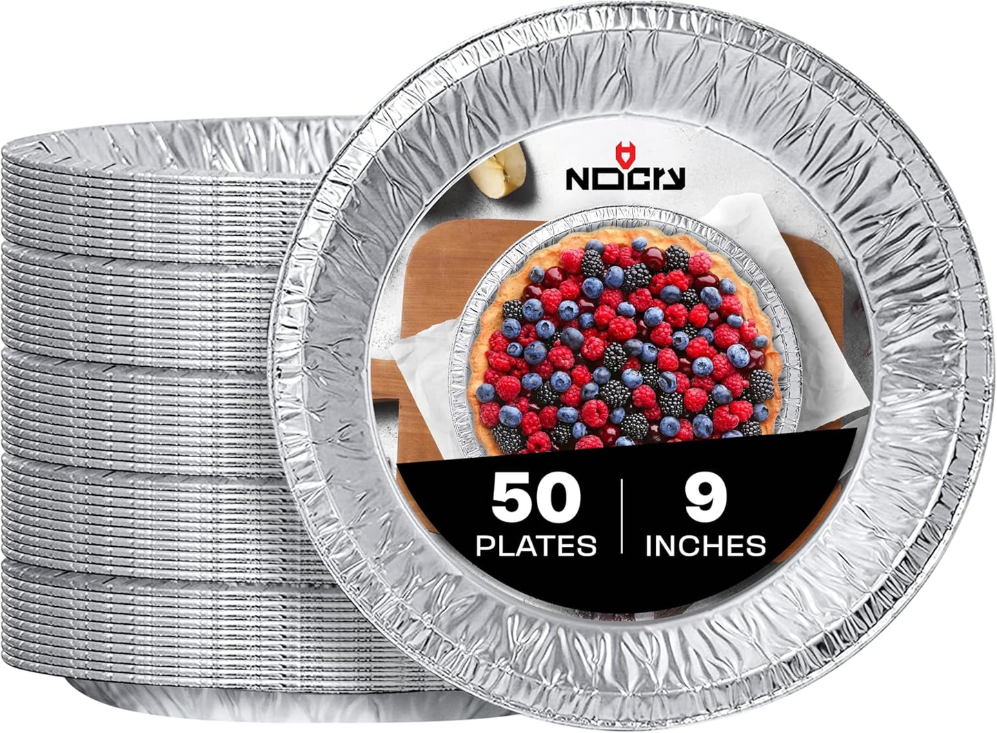 NoCry Premium Disposable Pie Pans (50 Pack) — 9 Inch Foil Aluminum Tins with Full Curl Lip for Baking Delicious Tarts or Crispy Pastry Crusts — Lightweight Yet Sturdy — Even Heat Distribution