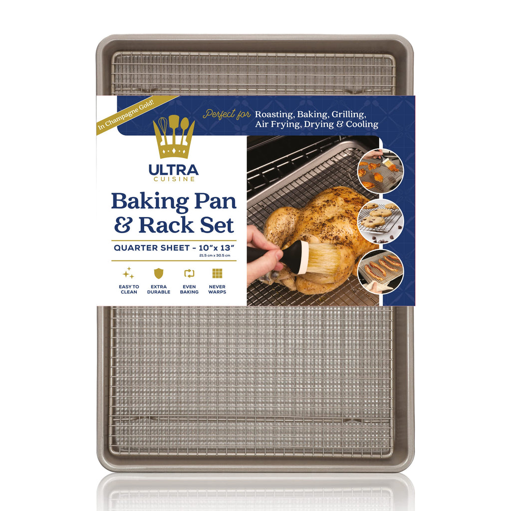 Ultra Cuisine Quarter Sheet Pan with Wire Rack Set - Includes Premium Aluminum Baking Sheet with 100% Stainless Steel Baking Rack, Dishwasher Safe Cookie Cooling Racks with 1/4 Pan Commercial Quality