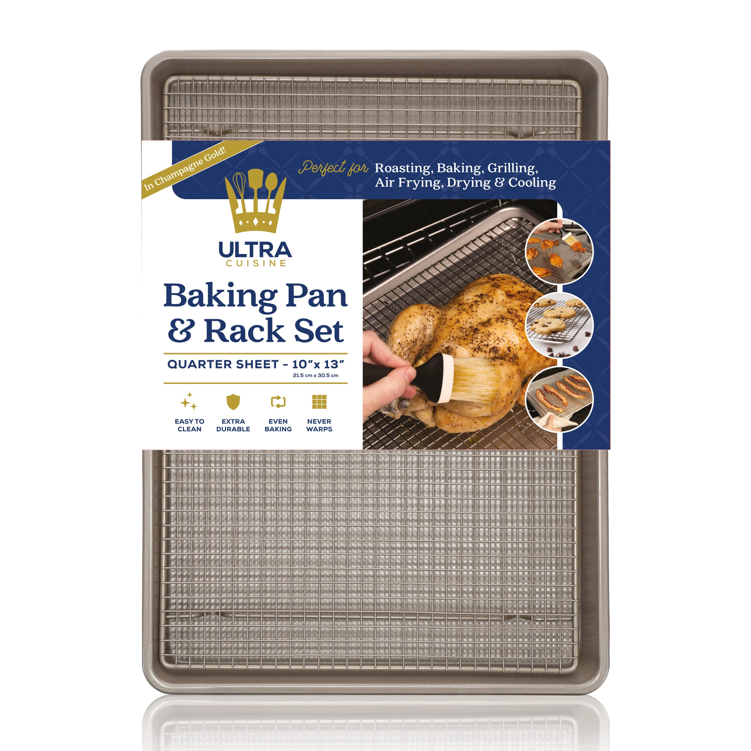 Ultra Cuisine Quarter Sheet Pan with Wire Rack Set - Includes Premium Aluminum Baking Sheet with 100% Stainless Steel Baking Rack, Dishwasher Safe Cookie Cooling Racks with 1/4 Pan Commercial Quality