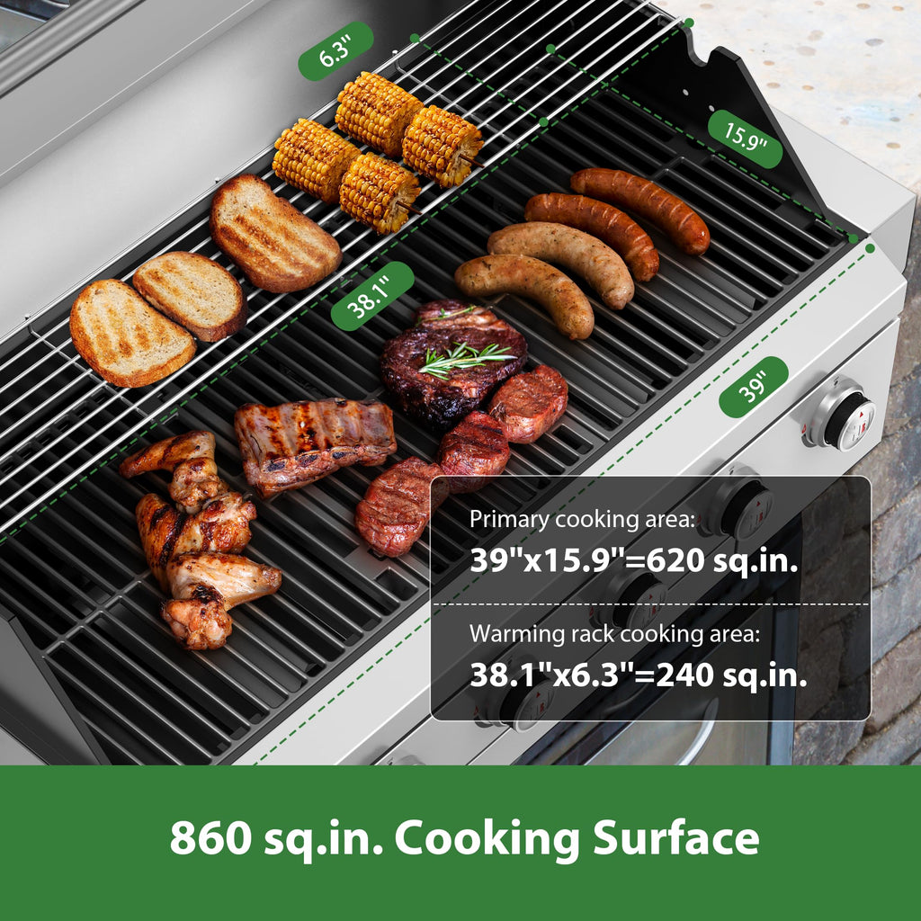 Grill gazowy Brand-Man Propane, 40-calowy, 6-palnikowy, wbudowany grill na wyspie, kuchnia zewnętrzna na gaz ziemny, rozkładany, wytrzymała stal nierdzewna 304, 60 000 BTU