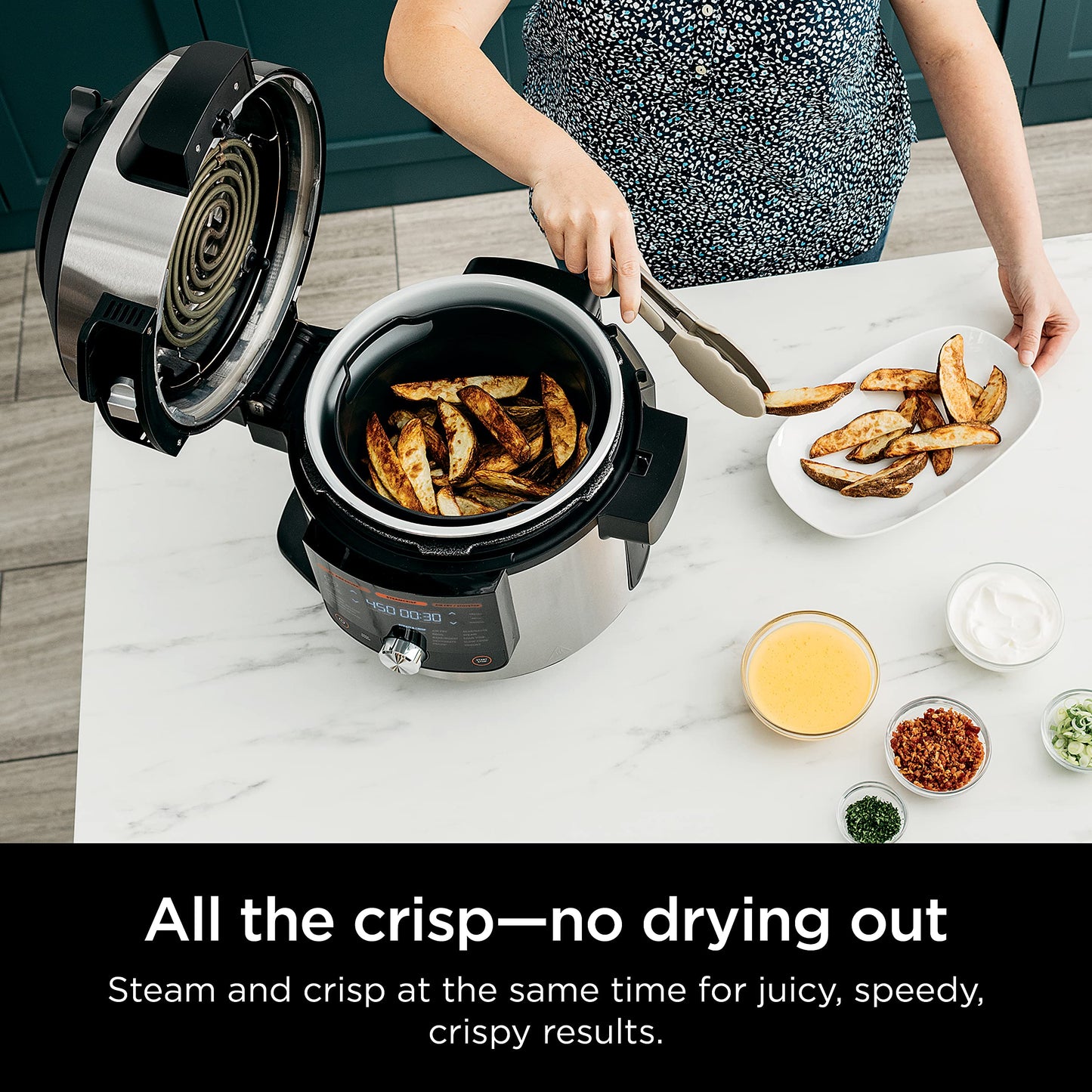 Ninja OL701 Foodi 14-in-1 SMART XL 8 Qt. Pressure Cooker Steam Fryer with SmartLid & Thermometer + Auto-Steam Release, that Air Fries, Proofs & More, 3-Layer Capacity, 5 Qt. Crisp Basket, Silver/Black