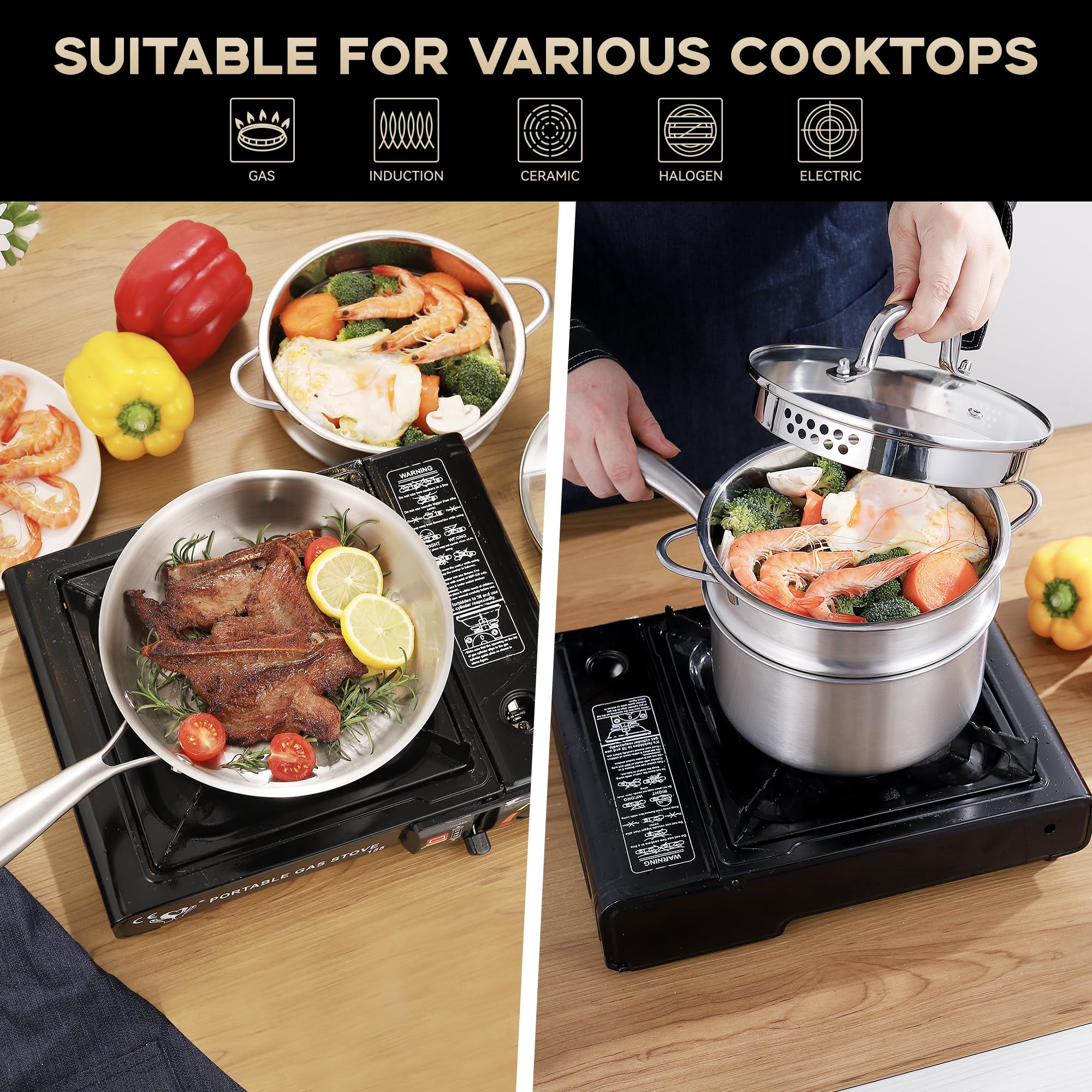Leetaltree 3-Ply Stainless Steel Cookware Set - 1.5 Quart Saucepan with Steamer Basket & 7" Fry Pan, Multipurpose Sauce Pot with Two-Size Drainage Holes Lid, Induction Oven Safe, Pots and Pans