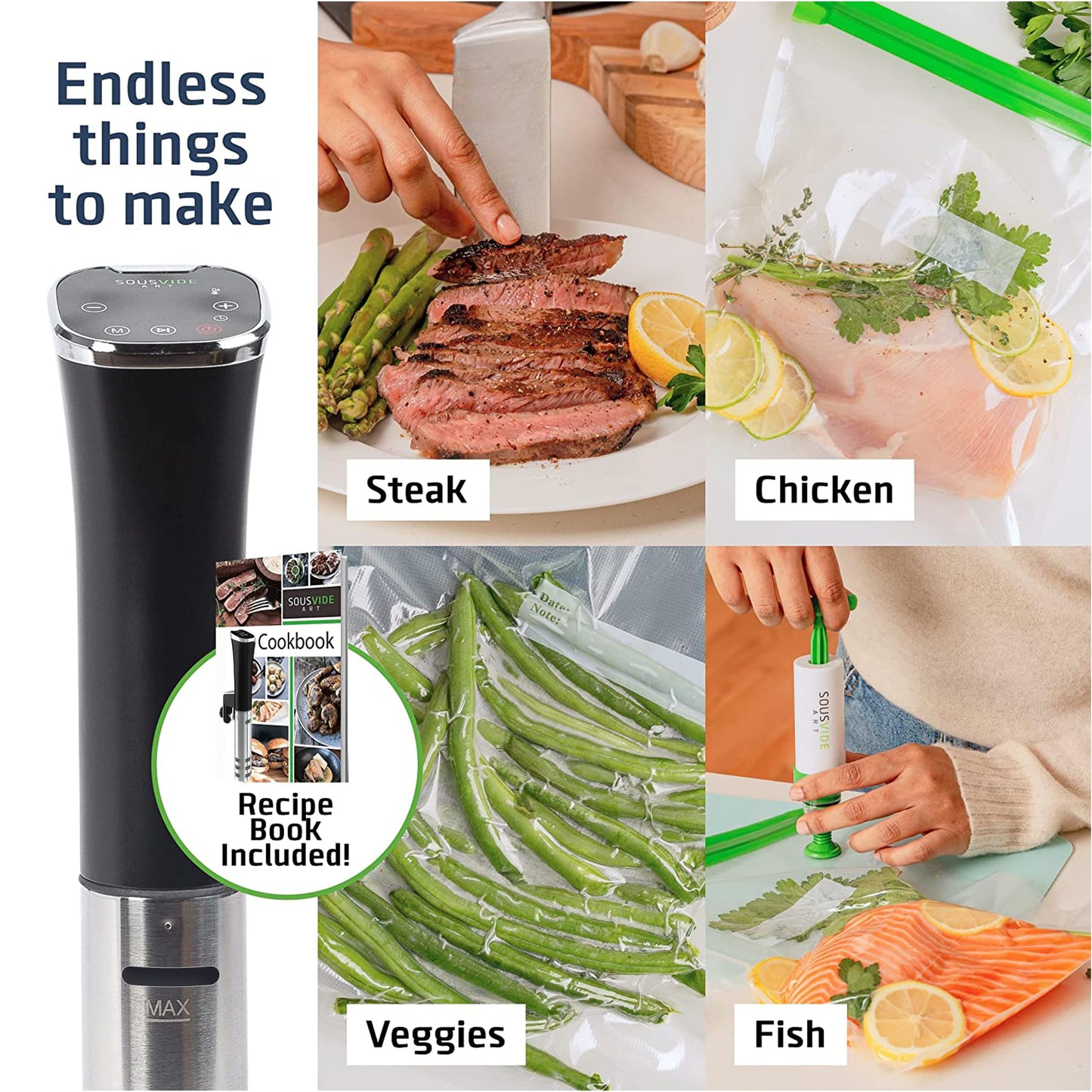 SOUSVIDE ART Sous Vide Immersion Cooker Kit - Machine with Digital Timer, Temp Control, 30 Bags, Vacuum Pump, Suvee Cooker Gift for Chefs