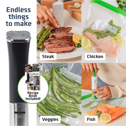 SOUSVIDE ART Sous Vide Immersion Cooker Kit - Machine with Digital Timer, Temp Control, 30 Bags, Vacuum Pump, Suvee Cooker Gift for Chefs