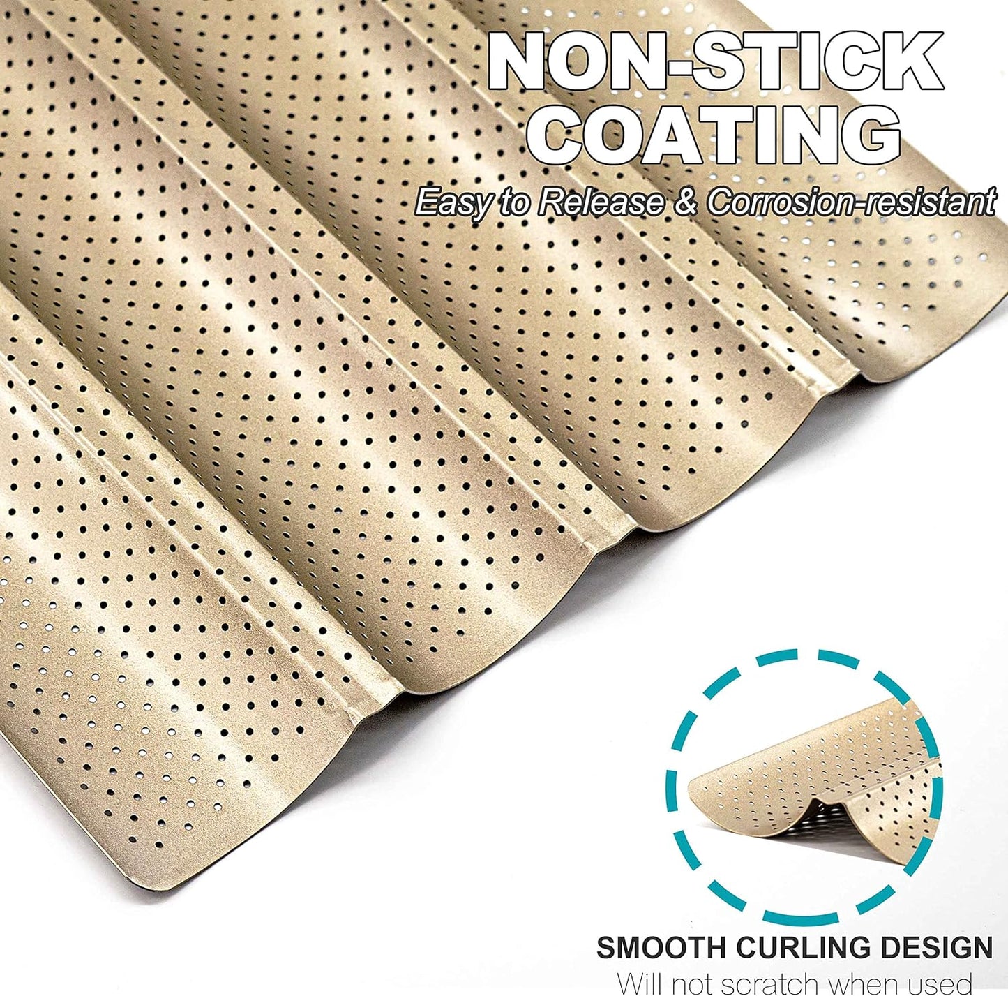 Anaeat 2 Pack Nonstick Perforated French Bread Baking Pan, 15"X 13" Premium Toast Mold for 4 Loaves Baguettes, French & Italian Bread Trays for Baking Loaf Bread, Ventilation & Heat Resistant (Gloden)