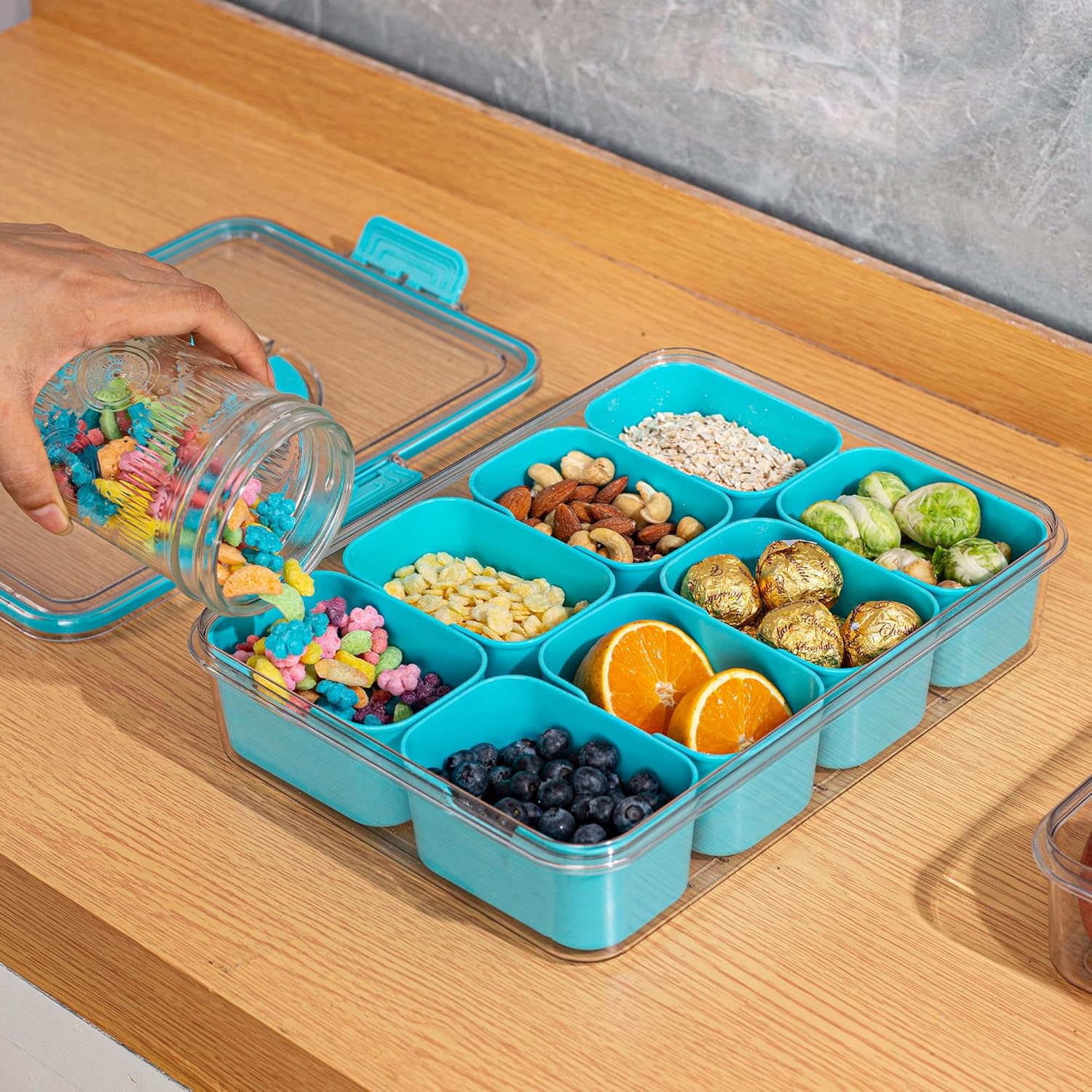 Divided Snack Serving Tray with Lid and Handle Travel Snackle Charcuterie Container Portable Storage Organizer for Candy, Fruits, Nuts, Snacks, Party, Picnic (1pack, Lake blue)