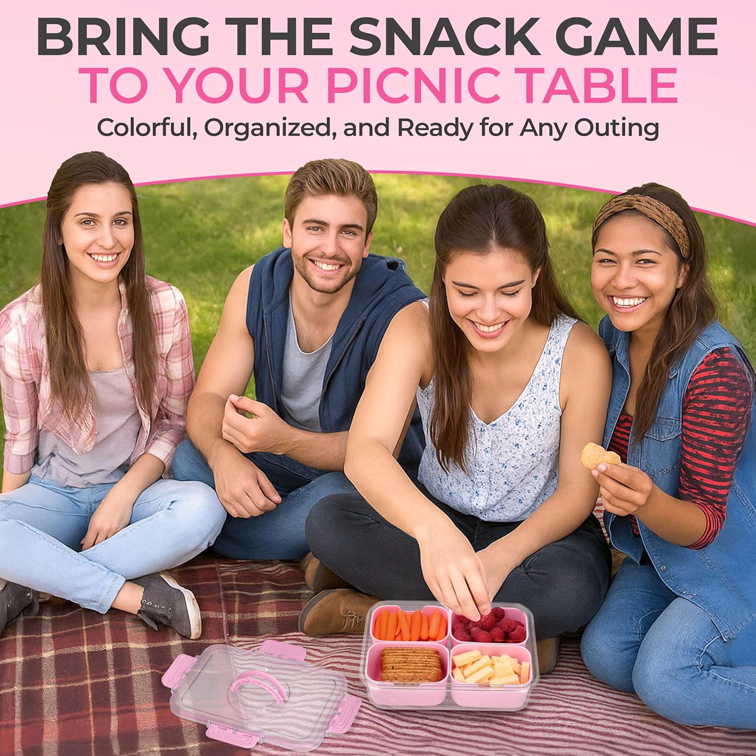 Snackle Box Container with Lid- Travel Charcuterie Box with Handle - Organizer for Candy, Fruit, Nuts, Veggies, Snacks, Beach Essentials, Portable Lunch Box (Pink, Small)