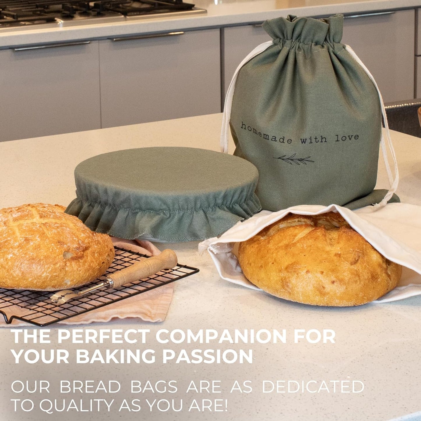 Beautiful Linen Bread Bag Set and Proofing Cover For Homemade Sourdough Bread - Keeps Your Loaf Fresh for Days - Reusable and Easy to Clean Storage Bag, The Perfect Baking Accessories