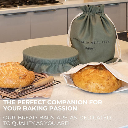 Beautiful Linen Bread Bag Set and Proofing Cover For Homemade Sourdough Bread - Keeps Your Loaf Fresh for Days - Reusable and Easy to Clean Storage Bag, The Perfect Baking Accessories