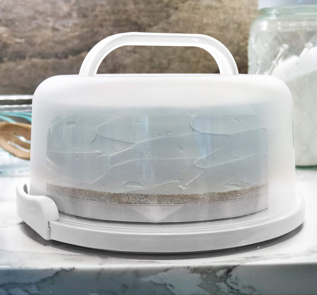Top Shelf Elements Round Cake Carrier Two Sided Cake Holder Serves as Five Section Serving Tray, Portable Cake Stand Fits 10 inch Cake, Cake Box Comes With Handle, Cake Container Holds Pies (White)