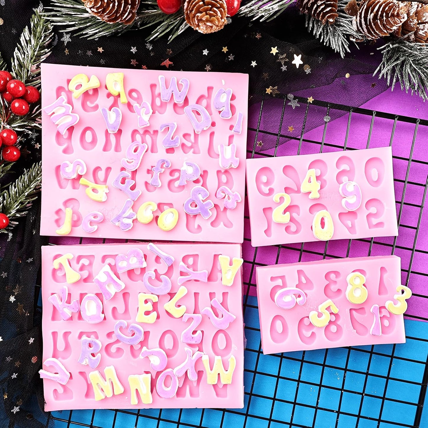 Letters Molds and Numbers Molds, Silicone Fondant Mold Chocolate Molds, 0-9 Number and 26 Letters Silicone Molds for Baking Desserts and Cake Decoration (4 pack)