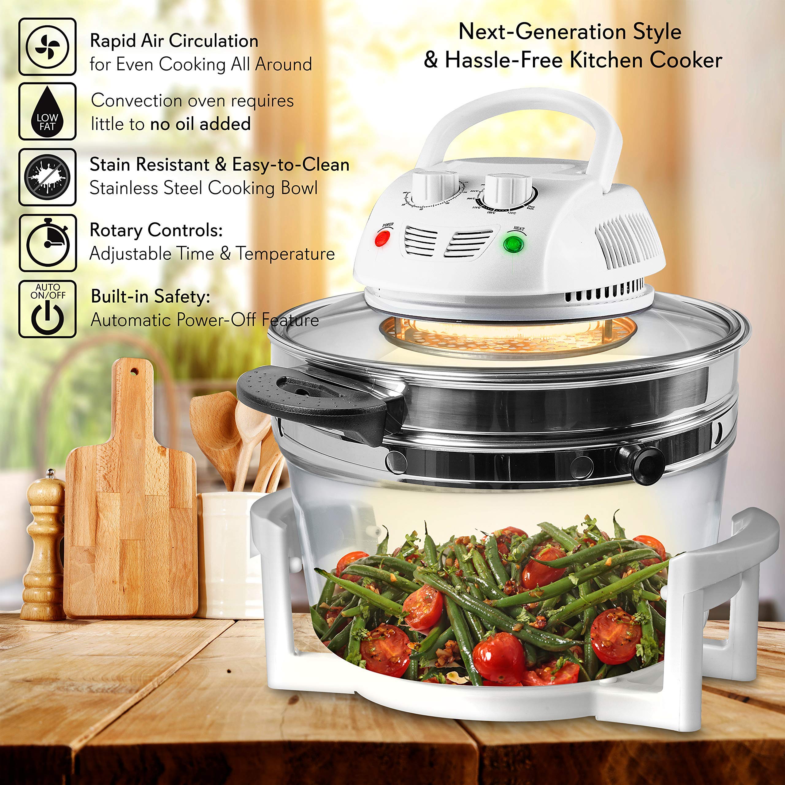 Nutrichef PKAIRFR48.5 Air Fryer, Infrared Convection, Halogen Oven Countertop, Gotowanie, Stal nierdzewna, 13 Quart 1200 W, Przygotuj szybkie zdrowe posiłki, do frytek i chipsów (biały), Jeden rozmiar