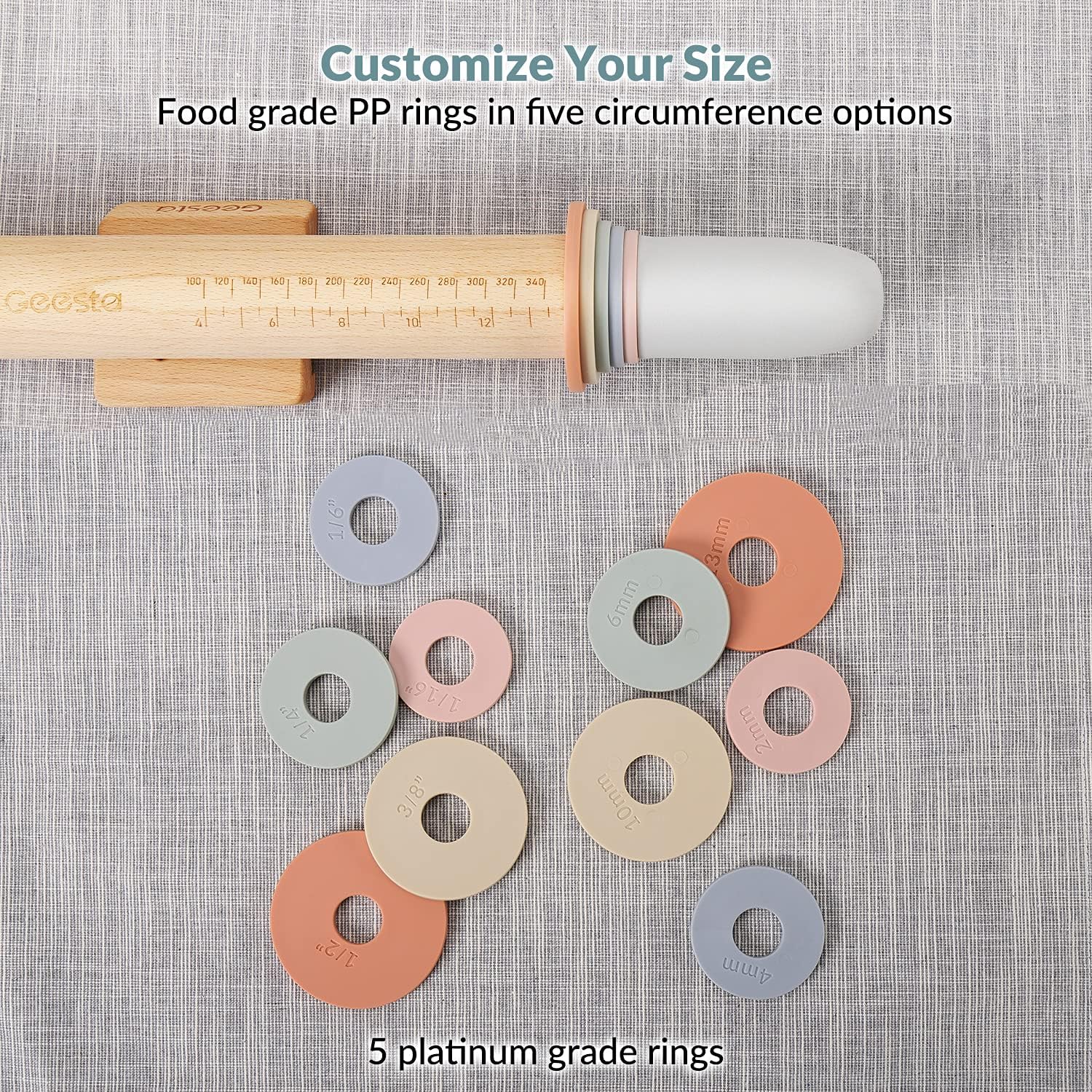Geesta Adjustable Wood Rolling Pin with 5 Thickness Rings, Precise Dough Roller Handle Press Design with Measurement Guide for Fondant, Pizza, Pie Crust, Cookie, Pastry Baking Decorating Accessories