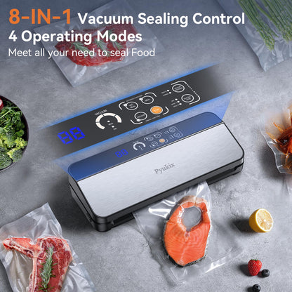 Pyukix Vacuum Sealer Machine, Food Sealer Machine 80KPA Automatic 8-IN-1 for Food Saving Dry/Moist Mode with Build-in Cutter&Storage, Air Suction Hose, Digital Countdown, Bag Roll, 11 Vacuum Bags